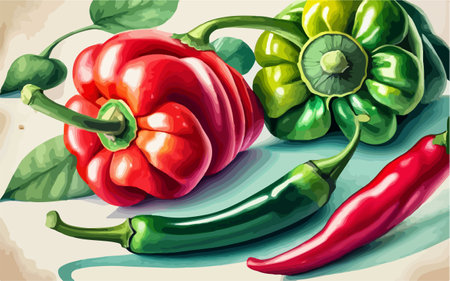 Red and green peppers on a white background. Vector illustration, EPS 10のイラスト素材