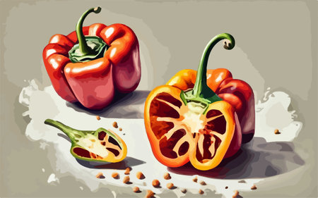 Illustration of red and yellow bell peppers with seeds on grey backgroundのイラスト素材