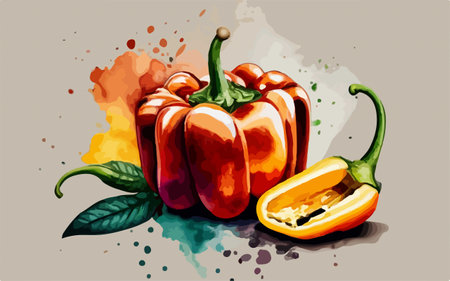 Illustration of paprika with watercolor splashes on gray backgroundのイラスト素材