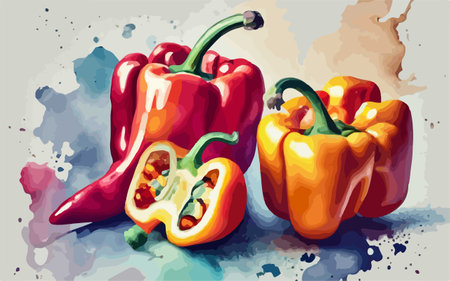 Illustration of red and yellow peppers on a grunge background.のイラスト素材