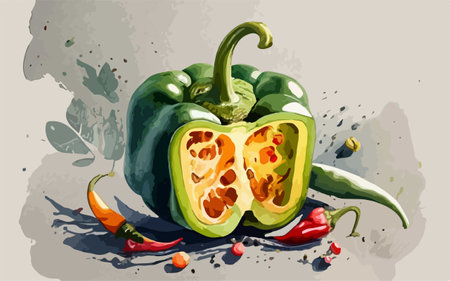 Illustration of paprika with red and green peppers on grunge backgroundのイラスト素材