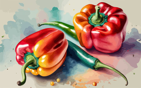 Illustration of fresh red and yellow peppers on watercolor background.のイラスト素材