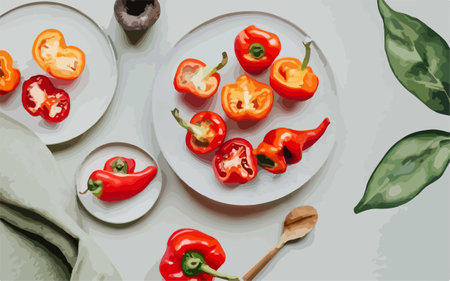 Red peppers on a plate and wooden spoon on a gray background.のイラスト素材
