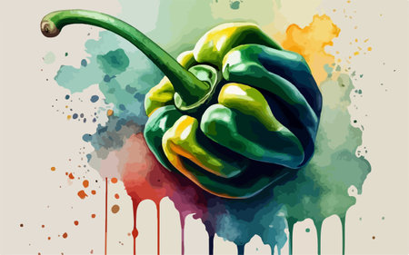 Illustration of a green pepper on a colorful watercolor background.のイラスト素材