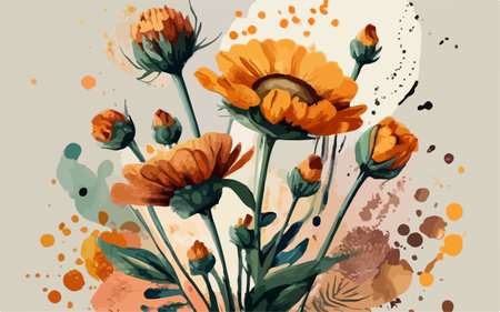 Watercolor floral background with marigold flowers. Vector illustration.のイラスト素材