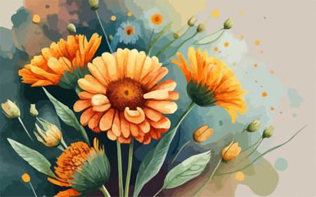 Vector hand drawn watercolor illustration of calendula flowers on grunge backgroundのイラスト素材