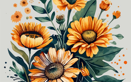 Hand drawn watercolor bouquet of sunflowers. Vector illustration.のイラスト素材