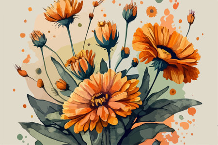 Beautiful hand drawn watercolor illustration with calendula flowers.のイラスト素材