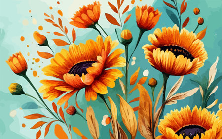 Floral background with sunflowers and leaves. Vector illustration.のイラスト素材