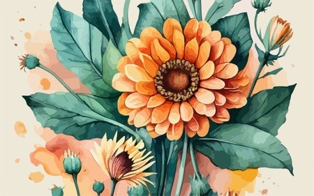 Hand drawn watercolor illustration of orange gerbera with green leaves.のイラスト素材