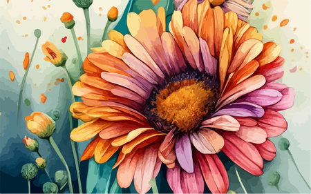 Illustration of a colorful daisy flower with watercolor splashesのイラスト素材