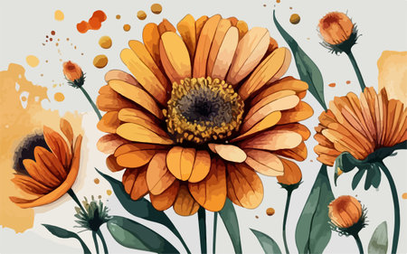 Beautiful vector watercolor floral background with orange calendula flowersのイラスト素材
