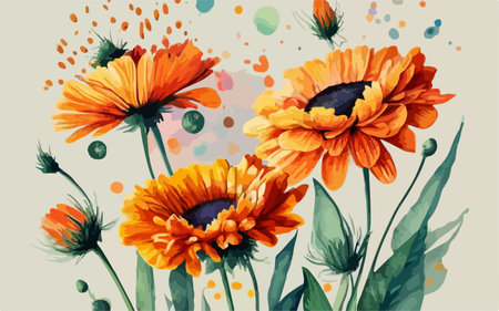 Watercolor orange daisies and green leaves. Vector illustration.のイラスト素材