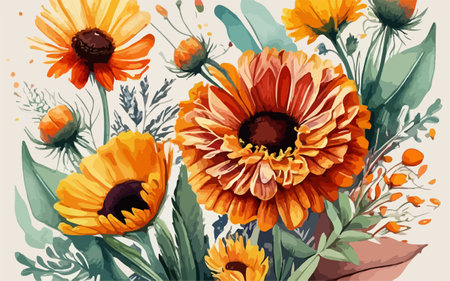 Hand drawn vector illustration of calendula flowers in watercolor styleのイラスト素材