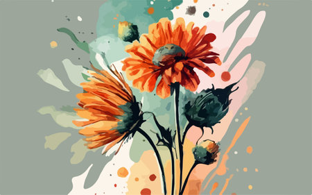 Watercolor floral background. Hand drawn vector illustration with chrysanthemums.のイラスト素材