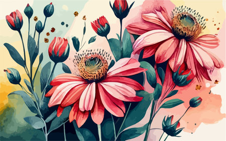 Watercolor floral background with gerbera flowers. Hand drawn vector illustration.のイラスト素材