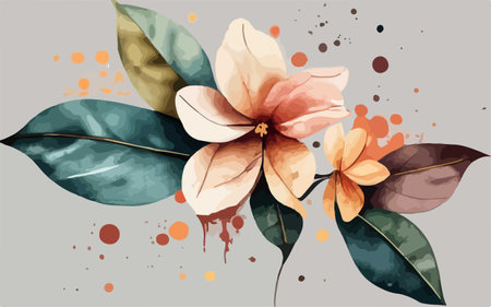 Vector watercolor floral background with hand drawn flowers, leaves and splashesのイラスト素材