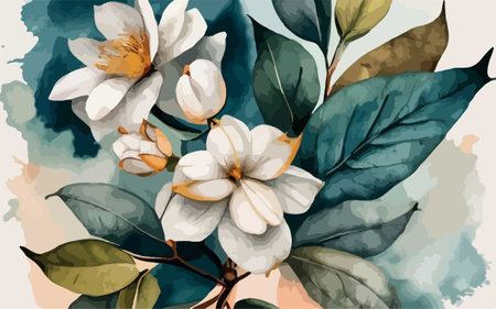 Hand drawn watercolor illustration of magnolia flowers and leaves. Vector illustration.のイラスト素材