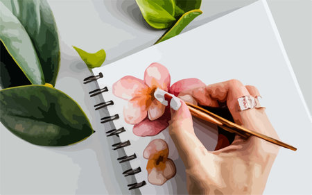 Hand drawing in a notebook with a pen and flowers. Vector illustrationのイラスト素材