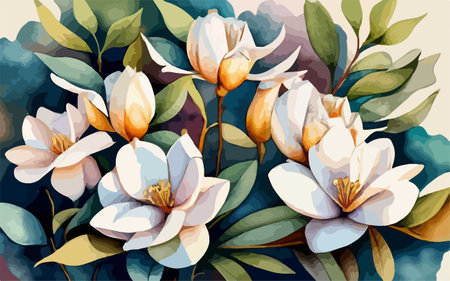 Magnolia flowers in watercolor style. Hand drawn vector illustration.のイラスト素材