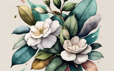 Camellia flowers. Hand drawn watercolor illustration. Vectorのイラスト素材