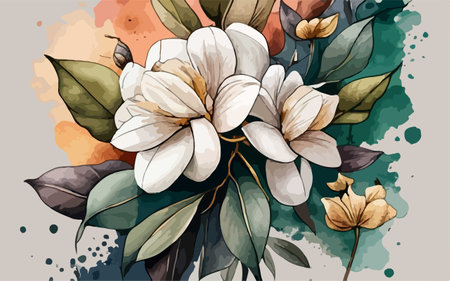 Bouquet of magnolia flowers with leaves and watercolor splashesのイラスト素材