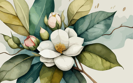 Beautiful magnolia flowers with green leaves. Hand drawn vector illustration.のイラスト素材
