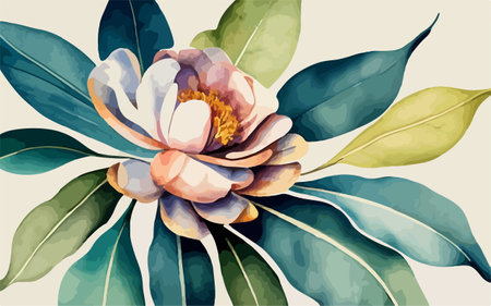 Watercolor vector illustration of a camellia flower with leaves.のイラスト素材