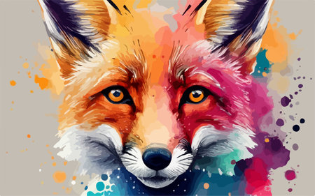 Hand drawn portrait of a red fox on colorful watercolor background.のイラスト素材