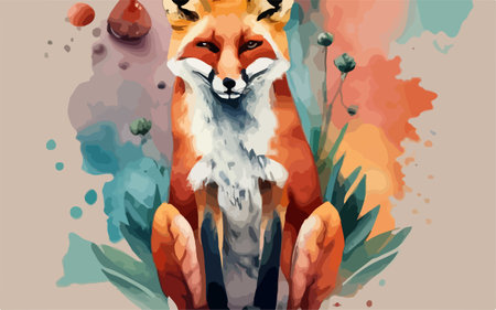 Vector illustration of a red fox sitting on a watercolor background.のイラスト素材