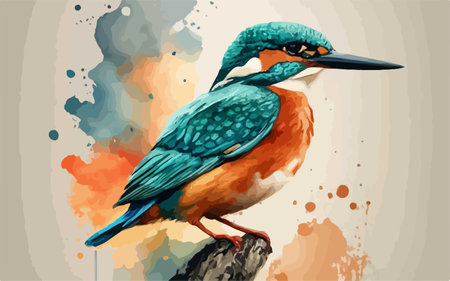 Vector illustration of a kingfisher on a branch with watercolor splashesのイラスト素材