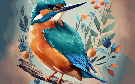 Kingfisher bird sitting on branch with flowers. Vector illustration.のイラスト素材