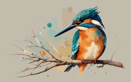 Kingfisher on a branch in watercolor style. Vector illustration.のイラスト素材