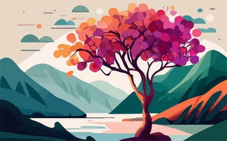 Autumn landscape with lake and mountains. Vector illustration in flat styleのイラスト素材