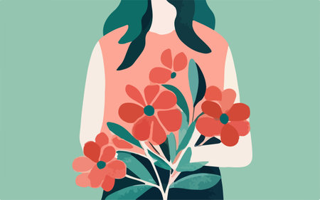 Beautiful woman with flowers. Vector illustration in a flat style.のイラスト素材