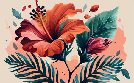 Hibiscus flowers and palm leaves. Vector illustration in vintage style.のイラスト素材