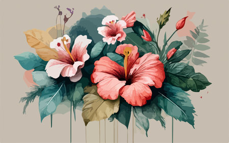 Hibiscus flower bouquet. Hand drawn vector illustration.のイラスト素材