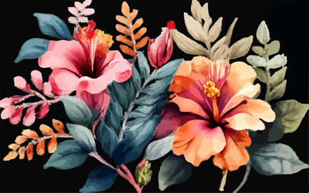 Illustration of hibiscus flower bouquet on black backgroundのイラスト素材