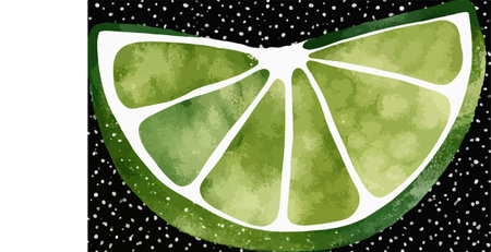 Watercolor illustration of a lime on a black background with dots.のイラスト素材