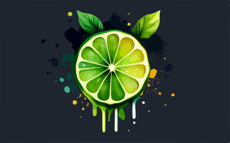 Lime slice with watercolor splashes on black background. Vector illustration.のイラスト素材