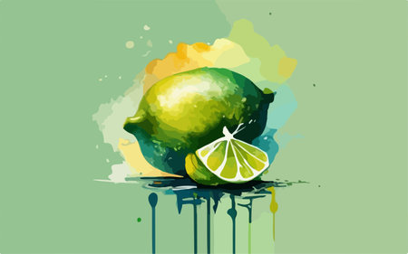 Illustration of a lime on a watercolor background with splashesのイラスト素材