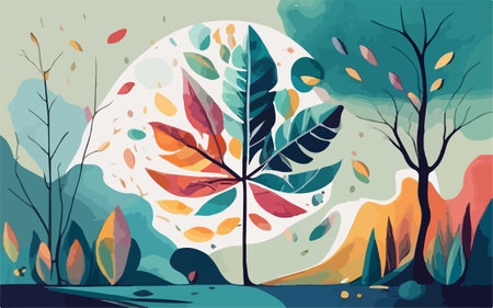 Autumn landscape with colorful leaves. Vector illustration in flat style.のイラスト素材