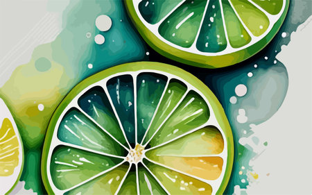 Slices of lime on the watercolor background. Vector illustration.のイラスト素材