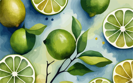 Lime fruit on watercolor background. Vector illustration for your designのイラスト素材