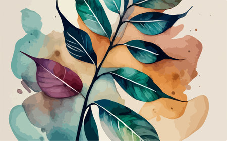 Abstract watercolor background with leaves and splashes. Vector illustration.のイラスト素材