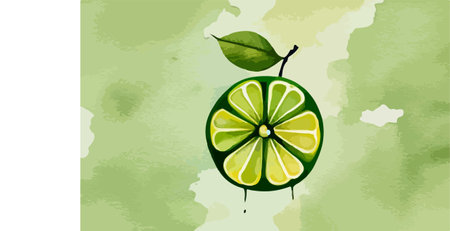 Illustration of a lime with leaves on a watercolor background.のイラスト素材