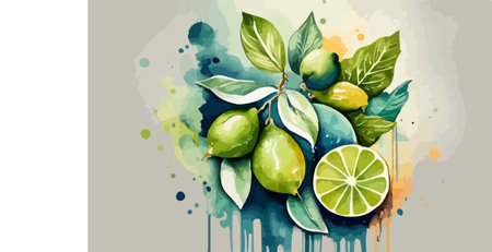 Lime fruits with leaves on watercolor background. Vector illustration.のイラスト素材