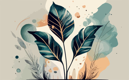 Hand drawn vector abstract floral background with leaves and watercolor stains.のイラスト素材