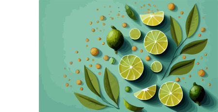 Lime slices, leaves and seeds on green background. Vector illustrationのイラスト素材