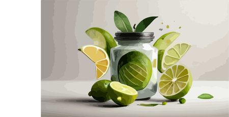 Illustration of a lemonade in a jar with lime slices and leavesのイラスト素材